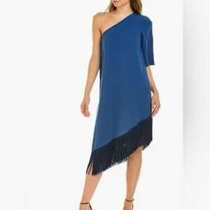 Trina Turk Gull One-Shoulder Fringe-Hem Dress, NWT, Size L